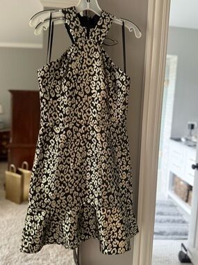 Macy's Black and Gold Metallic Leopard Print Mini Dress